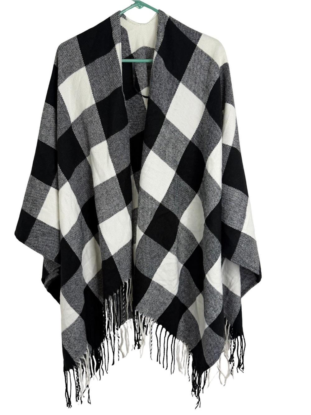 Black & White Buffalo Check Knit Poncho Wrap Shawl One Size